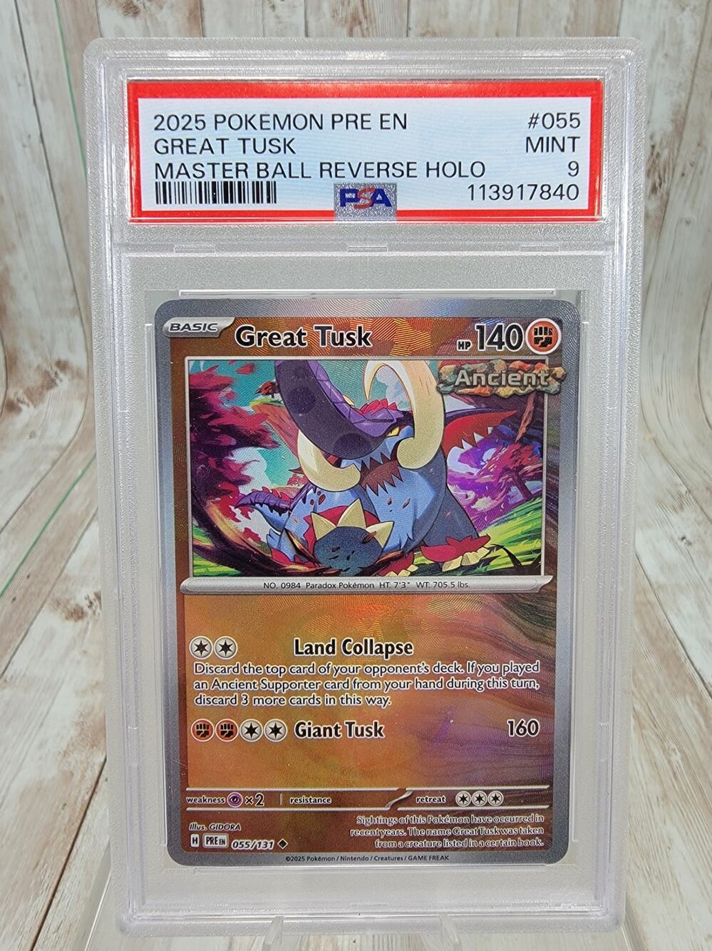 2025 Pokemon PRE EN Great Tusk PSA 9 GEM Master Ball Reverse Holo 055/131